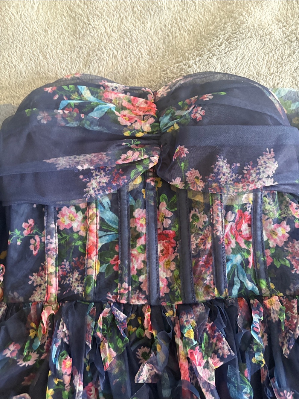 Lulu's Navy Floral Ruffled Strapless Dress - Picture 2 of 8